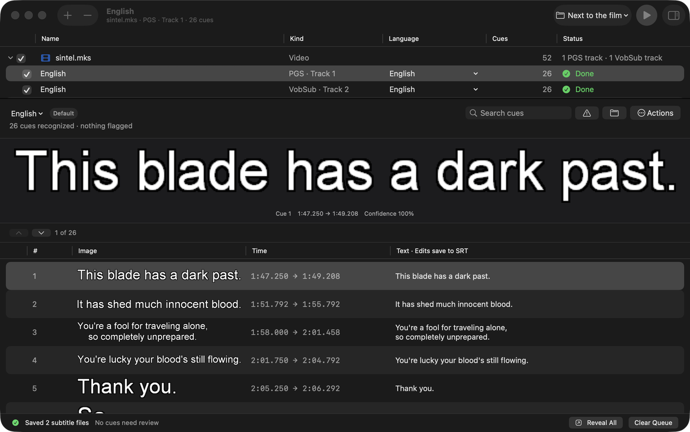 macSubtitleOCR showing PGS and VobSub tracks above a cue-by-cue subtitle review